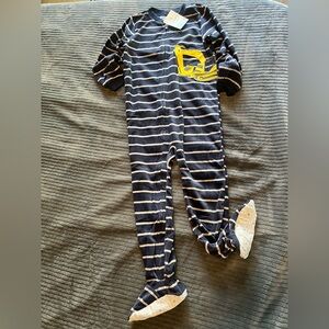 Carter's Navy and White Striped Footed One-Piece with Yellow Excavator